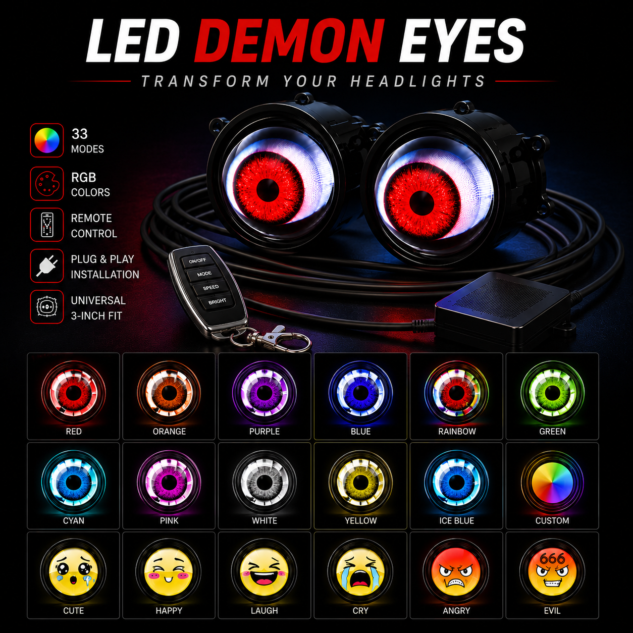 Alyvora ViperEyes™ Animated RGB Headlight Kit